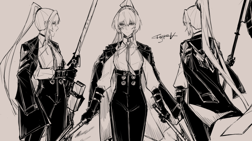 1girl, absurdres, artist_name, black_choker, black_coat, black_gloves, black_pants, choker