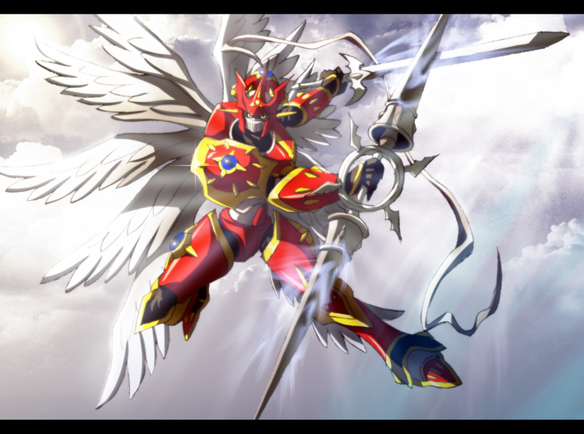 armor, cloud, clouds, digimon, digimon_tamers, dual_wielding, dukemon, dukemon_crimson_mode