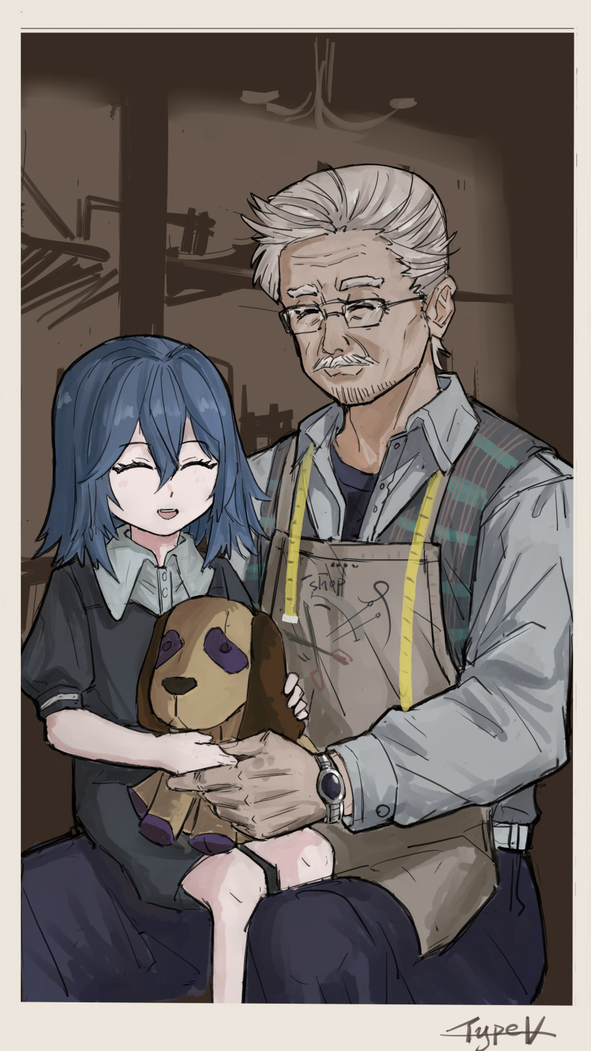 1boy, 1girl, :d, absurdres, aged_down, apron, artist_name, black_dress
