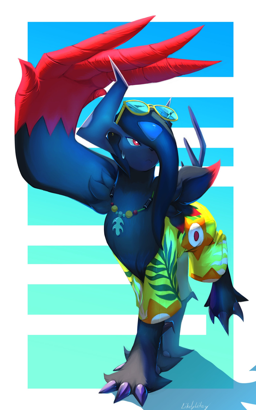 absol, absol_(beach), absurdres, black_fur, bright_pupils, claws, closed_mouth, clothed_pokemon, commentary, highres, jewelry, likey, looking_to_the_side, mega_absol_z, necklace, no_humans, pokemon, pokemon_(creature), pokemon_focus, pokemon_unite, red_eyes, solo, sunglasses, sweatdrop, white_pupils, yellow-framed_eyewear