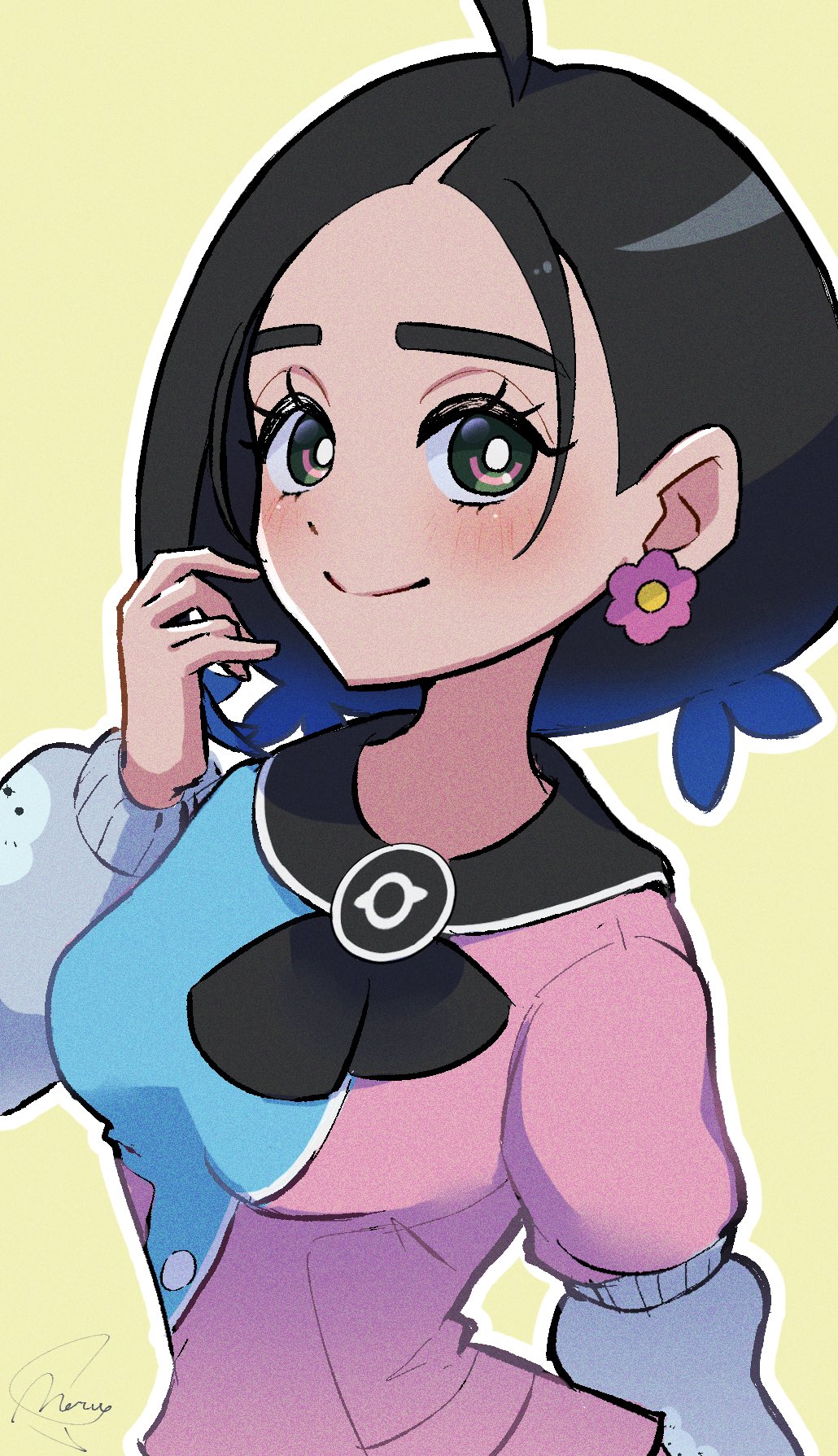 1girl, ahoge, black_eyes, black_hair, blush, bright_pupils, buttons, closed_mouth