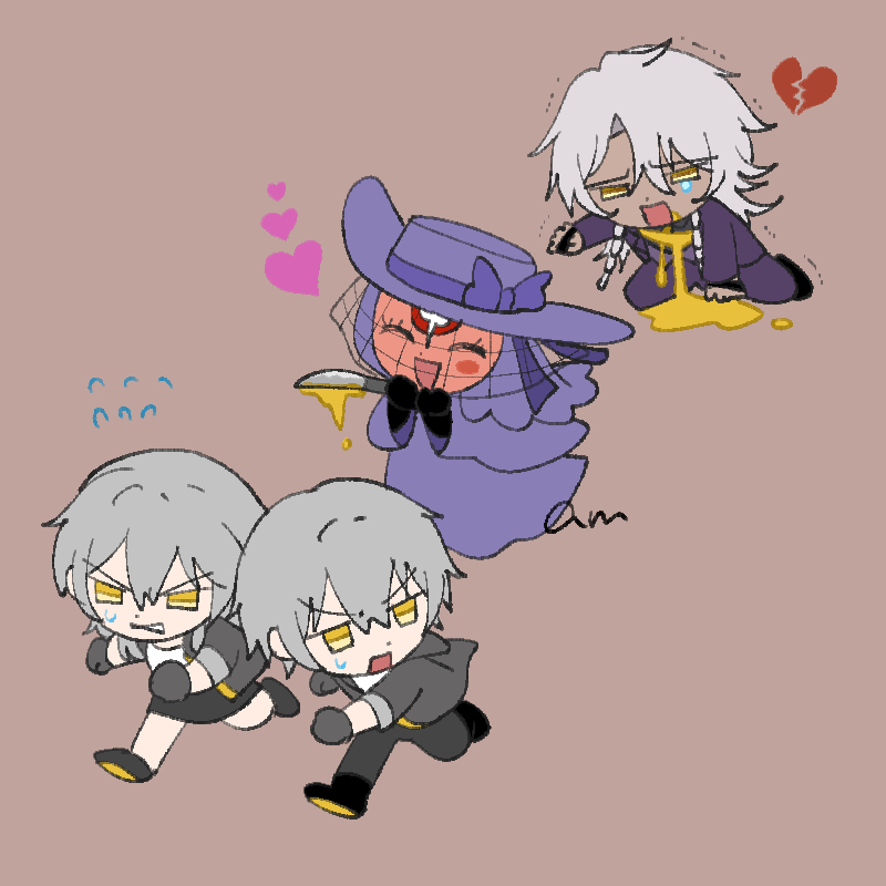 1boy, 1girl, 2others, aha_(honkai:_star_rail), am_starrail, arm_up, black_boots, black_gloves, black_jacket, black_pants, black_shirt, black_skirt, blood, blood_from_mouth, blood_on_knife, blush_stickers, boots, bow, braid, broken_heart, brown_background, caelus_(honkai:_star_rail), chibi, chibi_only, clenched_hands, closed_eyes, collared_shirt, crying, crying_with_eyes_open, dark_skin, deep_wound, dress, dual_persona, fingerless_gloves, flying_sweatdrops, formal_clothes, full_body, gloves, gold_blood, grey_hair, hair_between_eyes, hair_ornament, hair_tubes, half-closed_eyes, hands_up, hat, hat_bow, heart, holding, holding_knife, honkai:_star_rail, honkai_(series), hood, hooded_jacket, injury, jacket, knife, lapels, leg_up, long_dress, long_hair, long_sleeves, looking_at_another, looking_back, looking_to_the_side, low-braided_long_hair, low-tied_long_hair, miniskirt, multiple_others, nanook_(honkai:_star_rail), necktie, open_clothes, open_jacket, open_mouth, pants, purple_bow, purple_dress, purple_hat, purple_jacket, purple_pants, purple_vest, red_mask, running, seiza, shirt, short_hair, sidelocks, simple_background, sitting, skirt, smile, stelle_(honkai:_star_rail), suit, suit_jacket, sweatdrop, t-shirt, tears, teeth, trailblazer_(honkai:_star_rail), twin_braids, v-shaped_eyebrows, very_long_hair, vest, white_hair, white_shirt, wide_sleeves, yellow_eyes, yellow_necktie