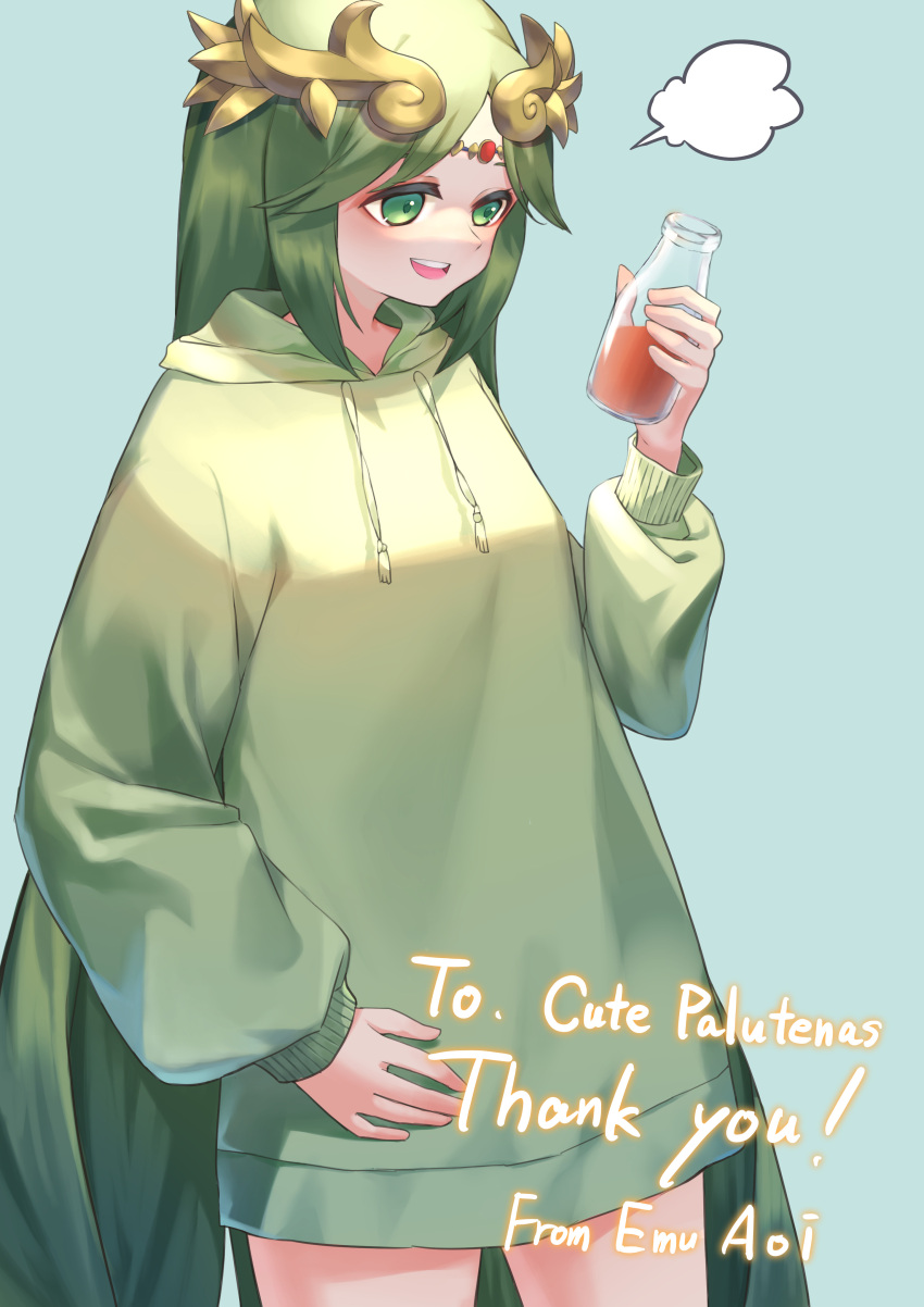 1girl, absurdres, blue_background, bottle, carrot_juice, circlet, commission, cowboy_shot