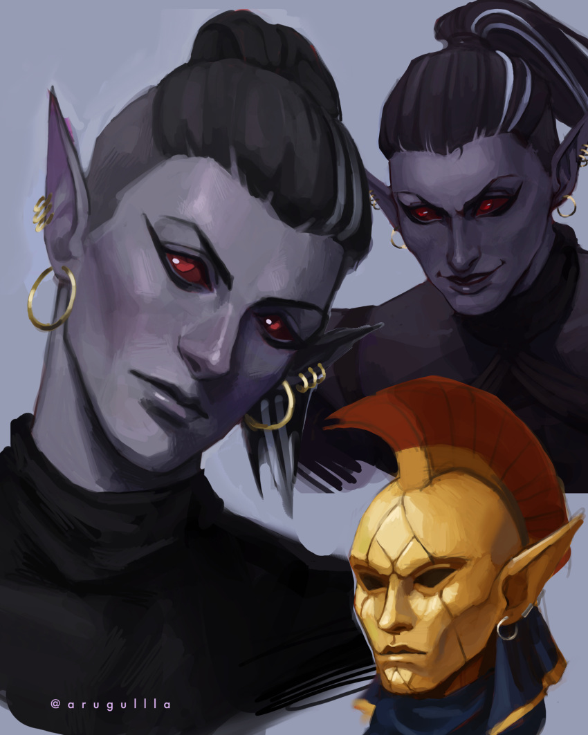 1boy, armor, artist_name, arugullla, black_hair, black_shirt, colored_sclera, colored_skin