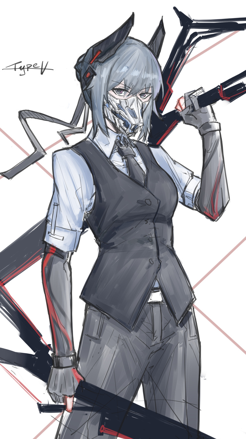 1girl, absurdres, arm_up, artist_name, black_necktie, black_pants, black_ribbon, black_vest