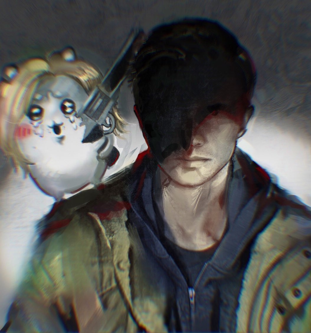 1boy, 1girl, abyssmalenia, blonde_hair, chiikawa, ethan_winters, grace_ashcroft, gun