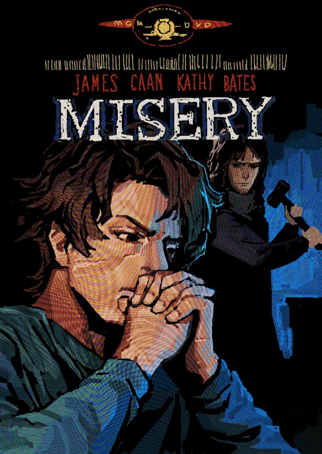 2boys, black_eyes, black_shirt, blue_shirt, brown_hair, closed_mouth, dark_background, english_text