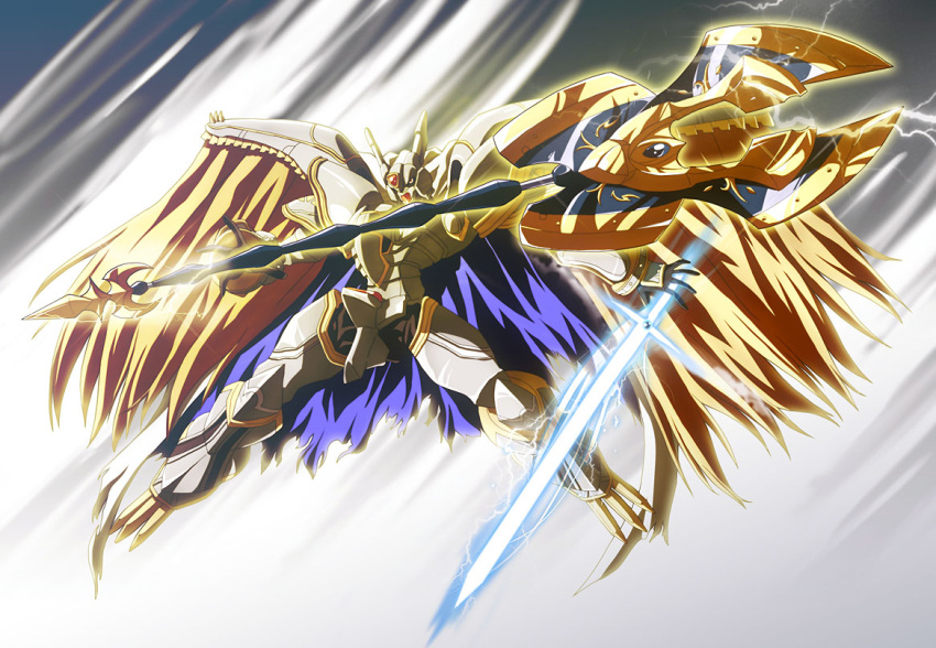 armor, cape, digimon, digimon_xros_wars, energy_sword, no_humans, polearm, solo