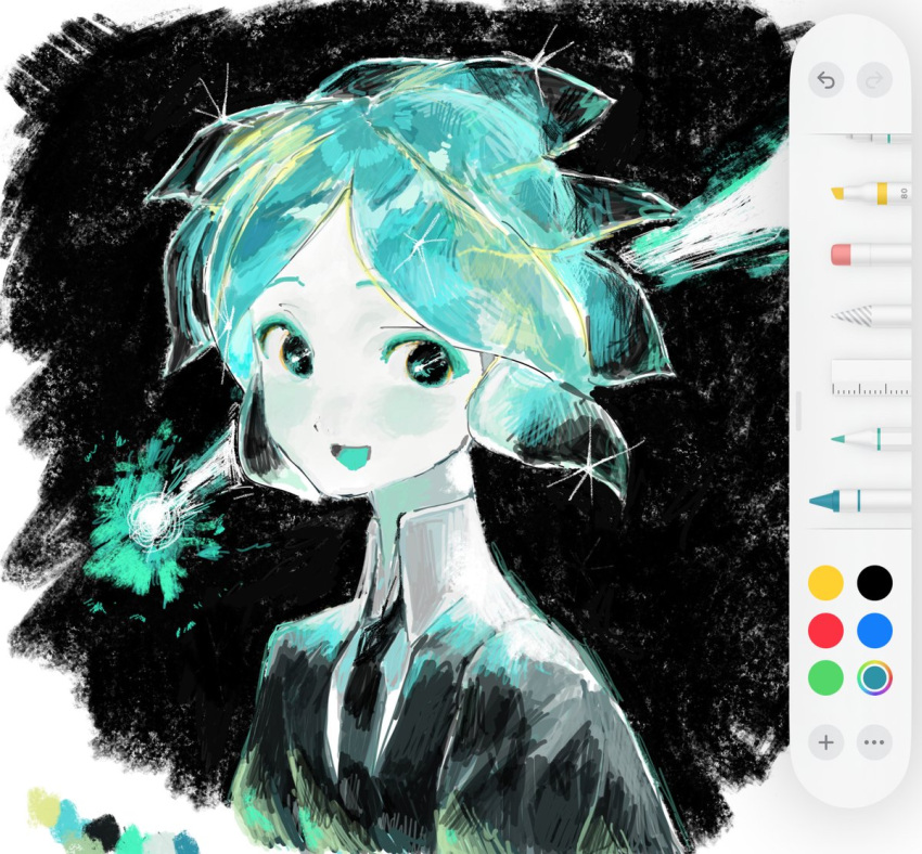 1other, 404-chan_(22_0724), :d, aqua_eyes, aqua_hair, art_program_in_frame, black_background, black_necktie