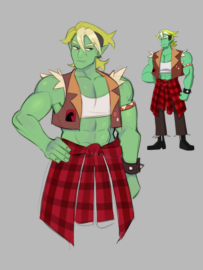 1boy, abs, blonde_hair, colored_skin, drawfee, drawtectives, flannel, green_skin