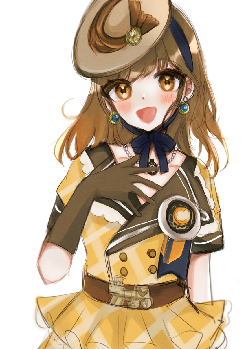 1210_neno, 1girl, absurdres, badge, bead_necklace, beads, black_bow, black_bowtie, black_hairband, bow, bowtie, brown_eyes, brown_gloves, brown_hair, brown_hat, brown_sailor_collar, buttons, collarbone, commentary_request, cowboy_shot, dot_nose, double-breasted, dress, earrings, eyelashes, eyes_visible_through_hair, frilled_dress, frills, gloves, hairband, hand_on_own_chest, happy, hat, highres, infinity_nikki, jewelry, light_blush, long_hair, necklace, nikki_(series), open_mouth, plaid_clothes, plaid_dress, sailor_collar, short_sleeves, simple_background, smile, solo, standing, stylist_(nikki), white_background, yellow_dress