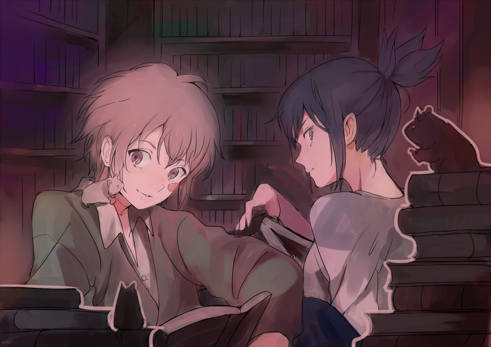 bad_id, blue_hair, book, book_shelf, bookshelf, grey_eyes, kawwa, male, mouse, multiple_boys, nezumi_(no.6), no.6, ponytail, purple_eyes, room, shion_(no.6), short_hair, short_ponytail, sion_(no.6), smile, violet_eyes, white_hair