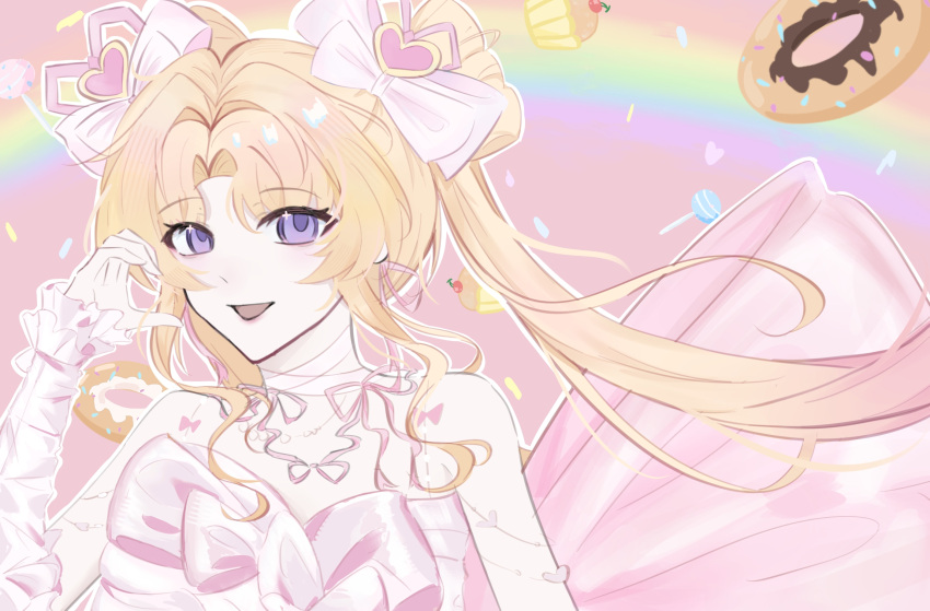 1girl, arm_warmers, armlet, back_bow, bare_shoulders, bead_necklace, beads, blonde_hair, bow, bowtie, candy, chinese_commentary, chupa_chups, commentary_request, cupcake, dot_nose, double_bun, doughnut, dreamtime_bestowed_(infinity_nikki), dress, eyelashes, eyes_visible_through_hair, floating_hair, food, frilled_arm_warmers, frills, gradient_hair, hair_bow, hair_bun, hair_ornament, half-heart_hands, heart, heart_hair_ornament, highres, infinity_nikki, jewelry, large_bow, light_blush, lipstick, lollipop, long_hair, makeup, matongzhale114514, multicolored_hair, neck_ribbon, necklace, nikki_(series), open_mouth, outline, pink_background, pink_bow, pink_bowtie, pink_dress, pink_hair, pink_lips, pink_ribbon, rainbow, ribbon, ribbon_earrings, sidelocks, sleeveless, sleeveless_dress, smile, solo, spaghetti_strap, twintails, two-tone_hair, upper_body, very_long_hair, violet_eyes, white_arm_warmers, white_bow, white_outline, wind