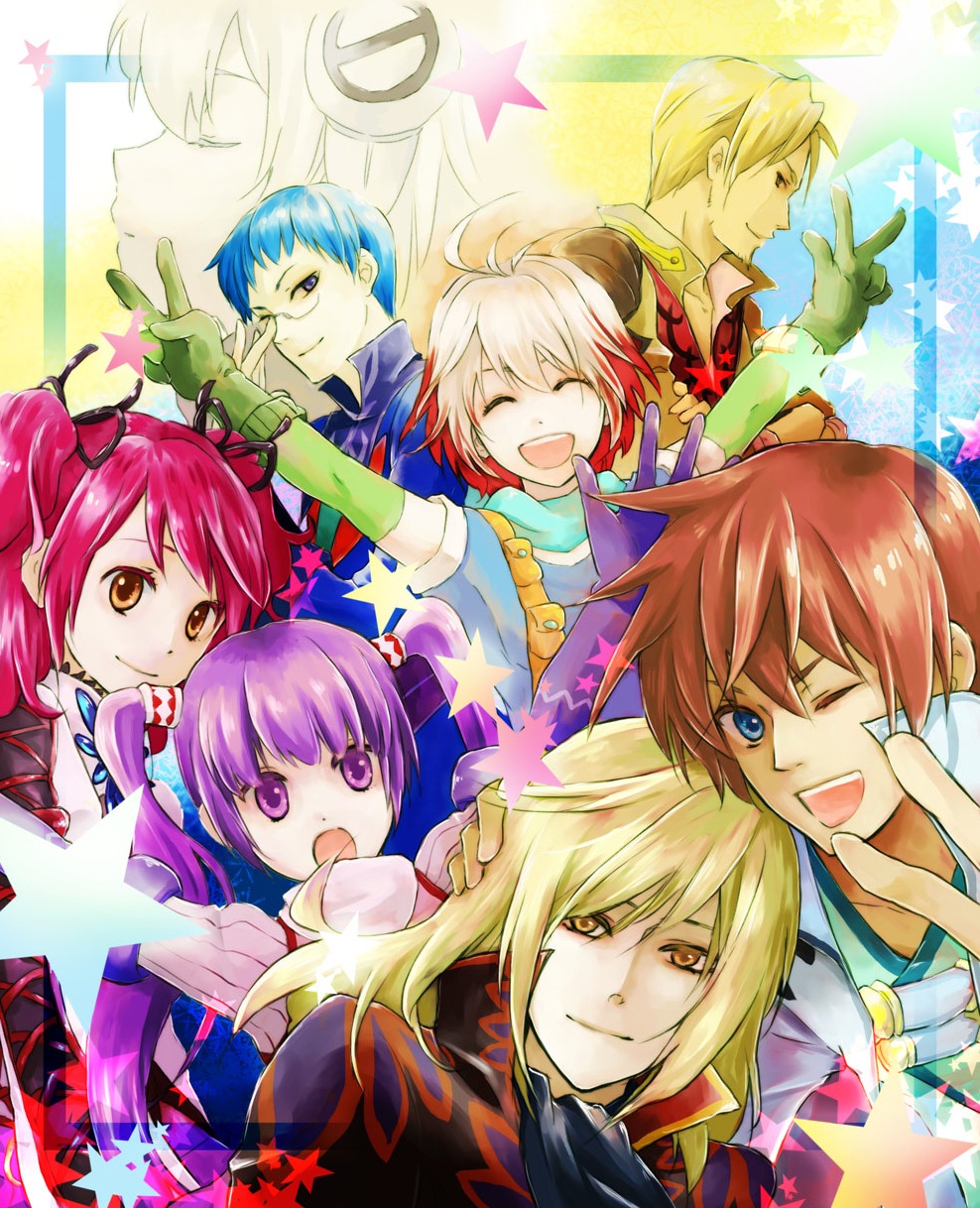 5boys, asbel_lhant, blonde_hair, blue_eyes, blue_hair, brown_eyes, brown_hair, cheria_barnes, glasses, highres, hubert_ozwell, lambda, malik_caesars, multicolored_hair, multiple_boys, multiple_girls, pascal, pink_hair, purple_eyes, purple_hair, red_hair, redhead, richard_(tales_of_graces), sophie_(tales_of_graces), takamizawa_takumi, tales_of_(series), tales_of_graces, twintails, two-tone_hair, two_side_up, v, violet_eyes, white_hair, wink, yellow_eyes