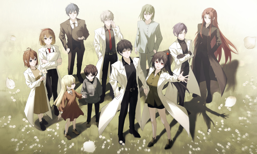 5girls, 6+boys, :d, absurdres, adjusting_eyewear, ahoge, ayin_(project_moon), bear_hair_ornament