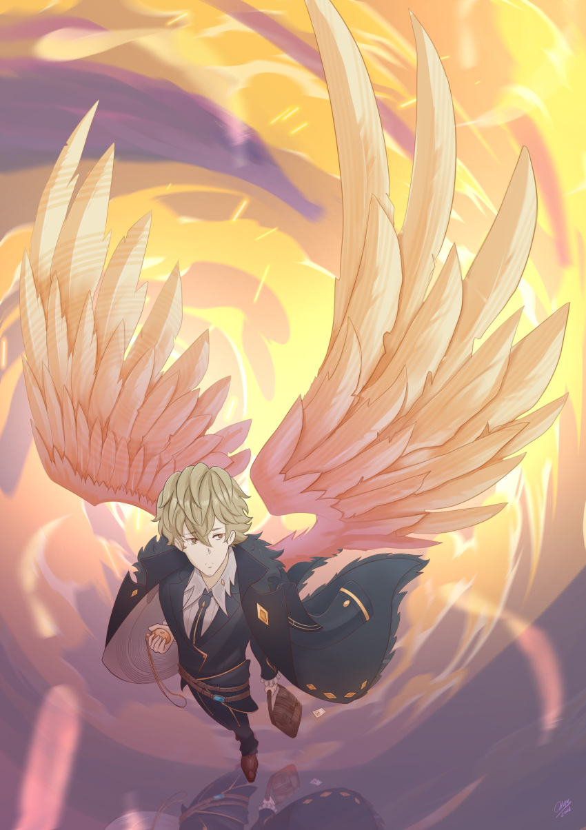 1boy, absurdres, angel_wings, bag, black_coat, black_necktie, blonde_hair, brown_eyes, chasireaq3d, closed_mouth, coat, coat_on_shoulders, collared_shirt, commentary, english_commentary, golden_wings, highres, holding, holding_bag, male_focus, necktie, reflection, shirt, short_hair, signature, tyrion_cuthbert, tyrion_cuthbert:_attorney_of_the_arcane, wings