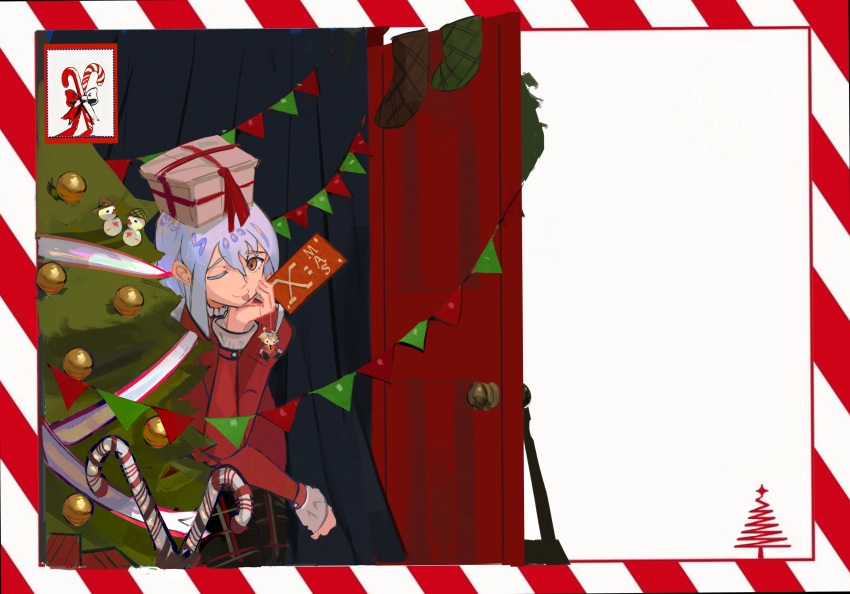 1girl, ;p, absurdres, box, celeste_mccoy, character_doll, checkered_clothes, checkered_skirt