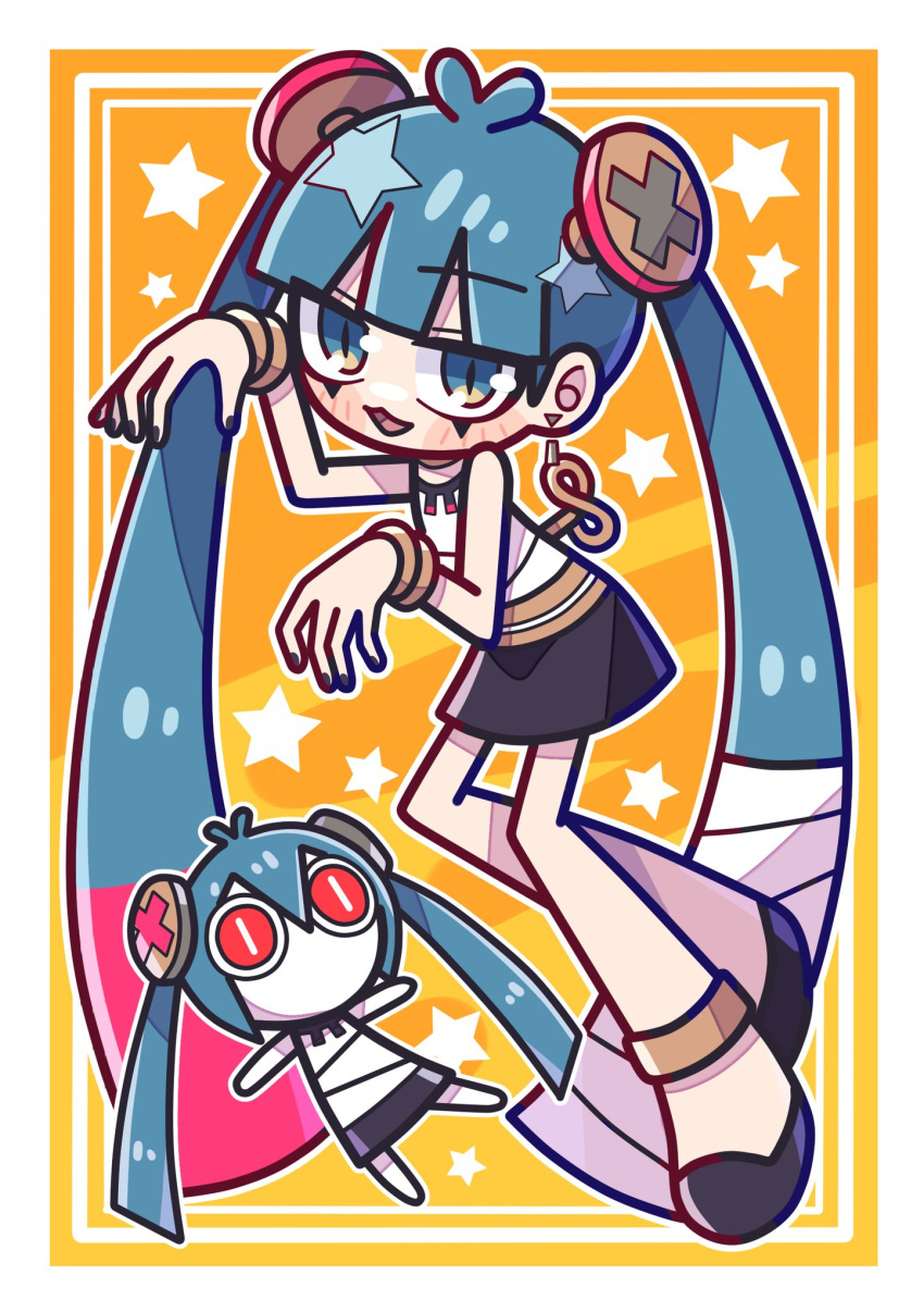 1girl, :3, aimaina, akina_mochi, anklet, antenna_hair, bandages, black_nails, black_shoes, black_skirt, blue_eyes, blue_hair, blush, bracelet, commentary_request, deformed, earrings, fujimi_gokko_(vocaloid), full_body, ghost_pose, gold_anklet, hatsune_miku, highres, inset_border, jewelry, long_hair, looking_at_viewer, miniskirt, object_through_head, open_mouth, orange_background, outline, screw_in_head, shirt, shoes, skirt, sleeveless, sleeveless_shirt, slit_pupils, smile, star_(symbol), star_symbol_background, twintails, very_long_hair, vocaloid, white_background, white_outline, white_shirt, winding_key, yellow_background
