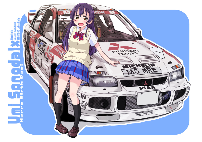 1girl, :d, black_socks, blue_hair, blue_skirt, bow, bowtie, brown_shoes