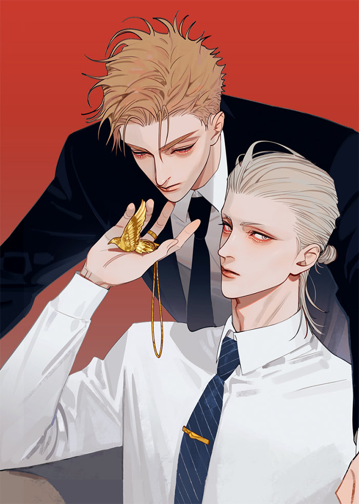 19_tian, 2boys, adam's_apple, black_jacket, black_necktie, blue_necktie, chinese_commentary, closed_mouth