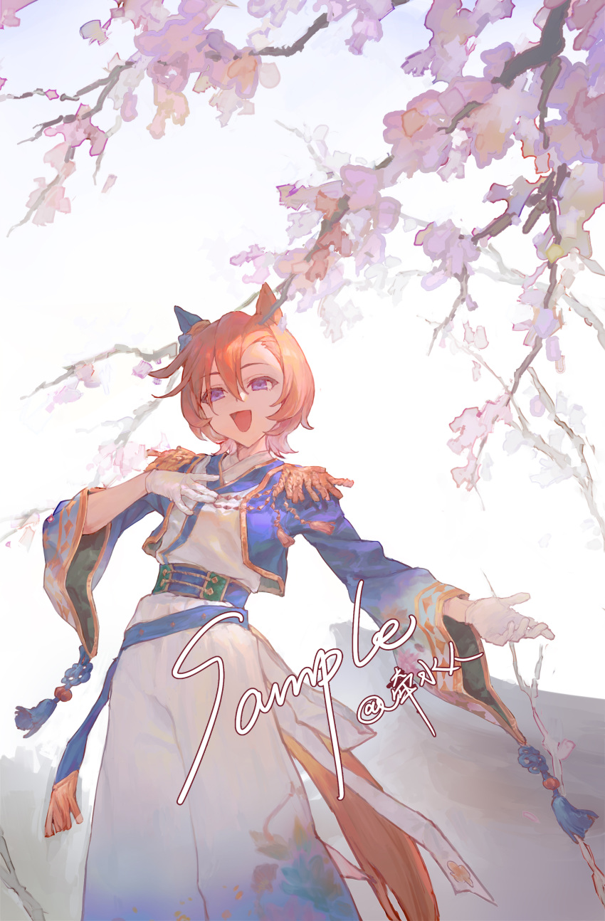 1girl, absurdres, animal_ears, blue_jacket, breasts, carlo_515, cherry_blossoms, commentary_request