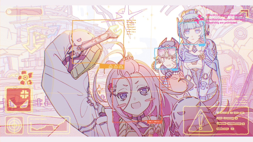 !, 3girls, ahoge, aino_(genshin_impact), android, anger_vein, animal_ear_headwear, bangs_pinned_back, beanie, black_hat, blonde_hair, blue_cape, blue_eyes, blue_hair, blush, blush_stickers, braid, braided_hair_rings, breasts, cape, closed_mouth, coat, dress, eyewear_on_head, forehead, genshin_impact, gloves, goggles, goggles_on_head, graph, hair_between_eyes, hair_ornament, hair_rings, hairclip, halter_dress, halterneck, hat, heads-up_display, highres, holding, huge_ahoge, ineffa_(genshin_impact), jahoda_(genshin_impact), joints, large_forehead, long_hair, long_sleeves, looking_at_viewer, mechanical_arms, mechanical_legs, metal_skin, multiple_girls, open_mouth, pink-tinted_eyewear, pink_hair, pov, prosthesis, prosthetic_arm, rakuychi, robot, robot_ears, robot_girl, robot_joints, robot_pov, screw, screw_hair_ornament, short_hair, sidelocks, sign, single_mechanical_arm, sleeves_past_fingers, sleeves_past_wrists, smile, target, tinted_eyewear, two-sided_horns, user_interface, very_long_hair, violet_eyes, warning_sign, white_coat, wrench, x_hat_ornament