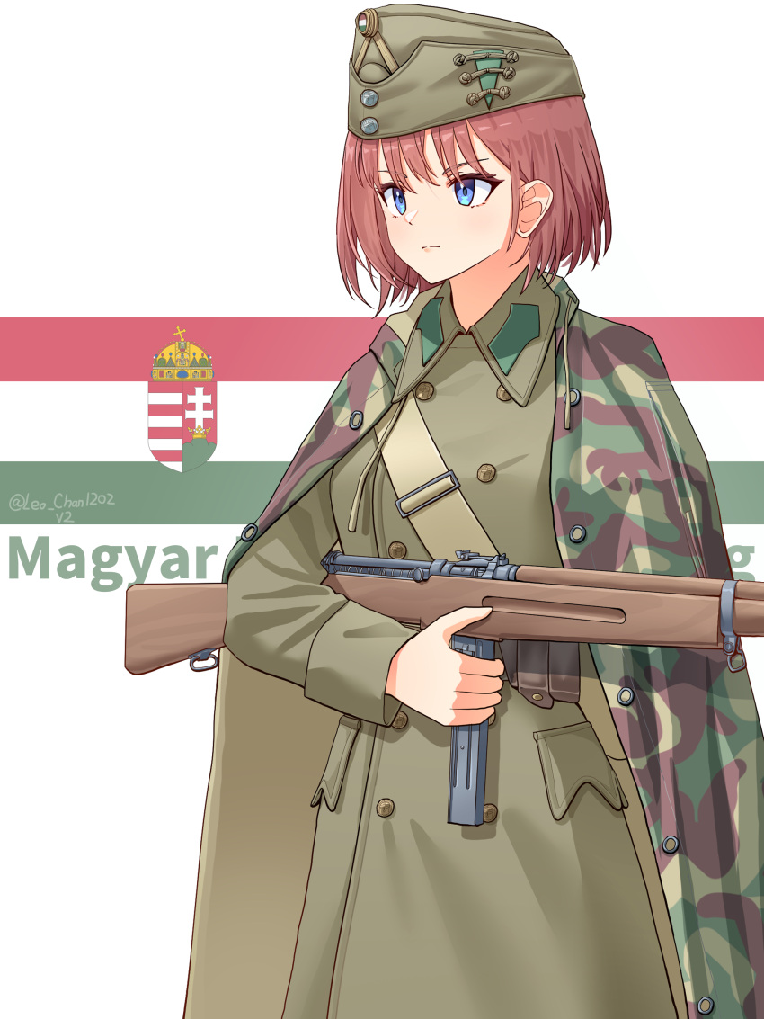 1girl, absurdres, blue_eyes, buttons, camouflage_cloak, coat, collar_tabs, commentary, double-breasted, english_commentary, flag_background, garrison_cap, green_coat, green_hat, gun, hat, highres, holding, holding_gun, holding_weapon, hungarian_army, hungarian_flag, hungary, leochan1202, looking_to_the_side, military_uniform, mixed-language_commentary, multilingual_commentary, original, red_hair, short_hair, solo, submachine_gun, trench_coat, weapon, weapon_request, white_background, world_war_ii