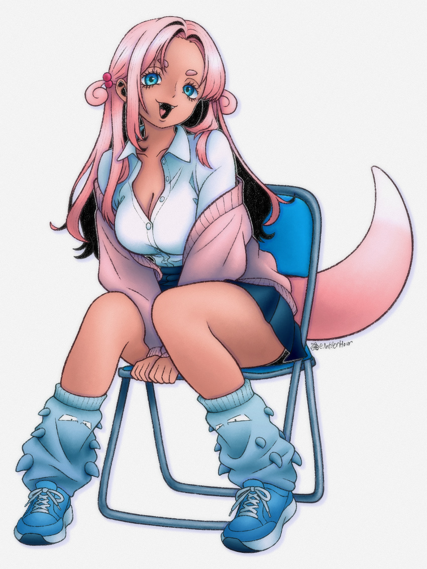 1girl, :3, absurdres, antilerhour, breasts, cardigan, fangs, gyaru, gyaru_slowpoke_(shin_no_tenpii), highres, large_breasts, leg_warmers, long_hair, miniskirt, open_collar, open_mouth, parted_bangs, personification, pink_cardigan, pink_hair, pink_tail, pokemon, shoes, short_eyebrows, sitting, skirt, slowpoke, sneakers, solo, tail