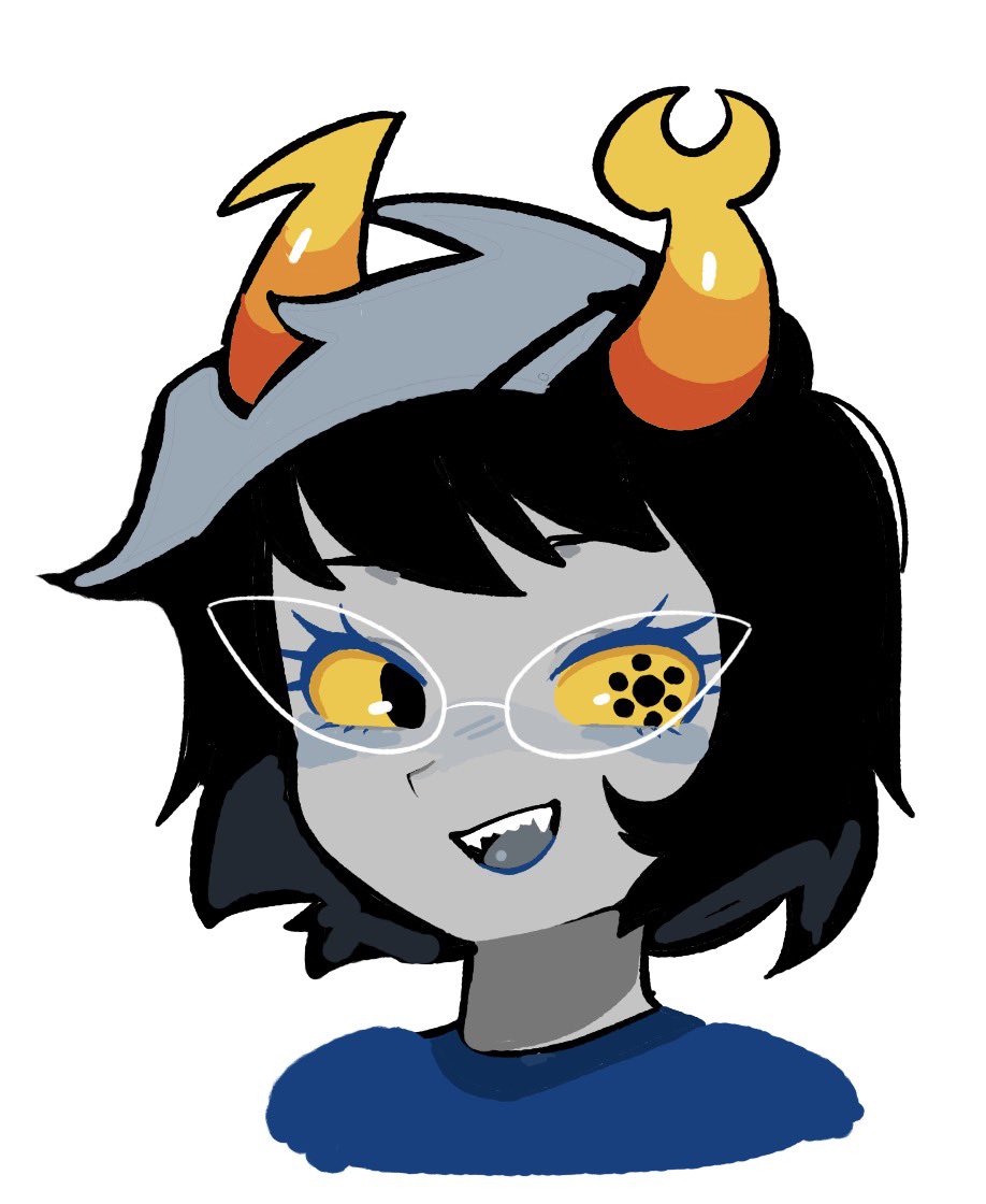 1girl, animification, aranea_serket, asymmetrical_horns, black_eyes, black_hair, blue_shirt, blush