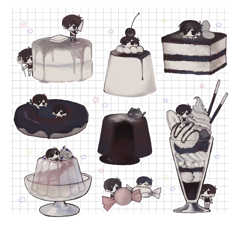 2boys, antenna_hair, black_eyes, black_hair, black_socks, cake, cake_slice, candy
