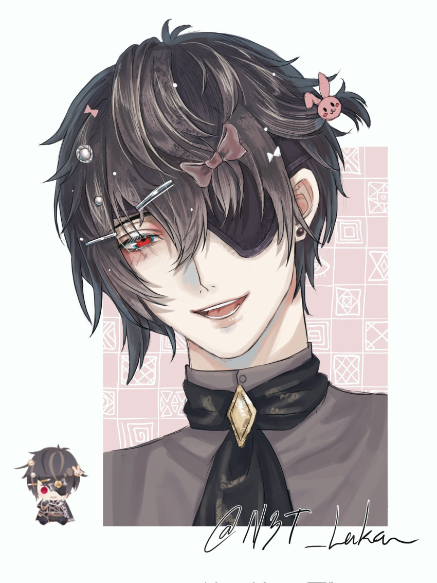 1boy, ascot, black_ascot, black_hair, blush, border, bow, commentary