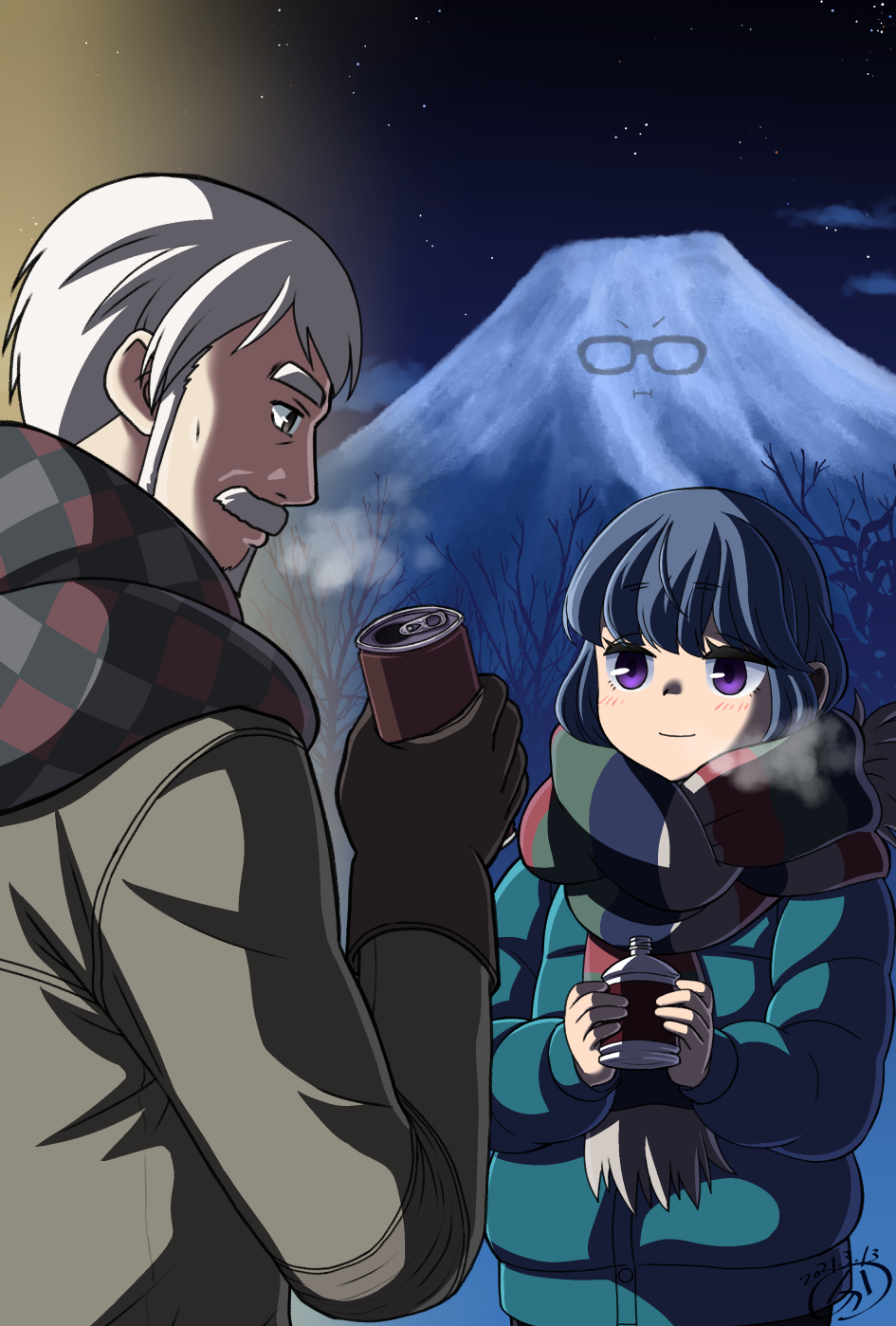 1boy, 1girl, bare_tree, beard, blue_hair, blue_jacket, blue_scarf, bottle