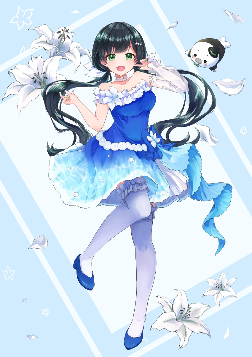 1girl, absurdres, bare_shoulders, black_hair, blue_background, blue_dress, blue_shoes, choker