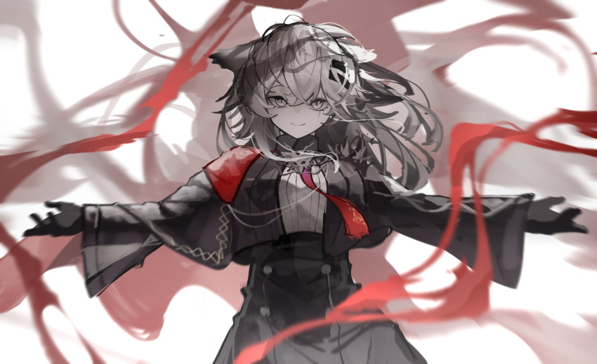 1girl, aimu_(yazidmubarok_07), animal_ears, arknights, black_gloves, black_jacket, black_skirt, blurry
