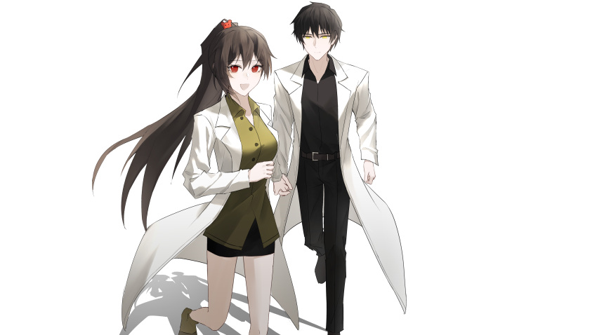 1boy, 1girl, :d, absurdres, ayin_(project_moon), bear_hair_ornament, belt, black_hair