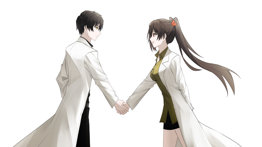 1boy, 1girl, absurdres, ayin_(project_moon), bear_hair_ornament, black_hair, black_pants, black_skirt
