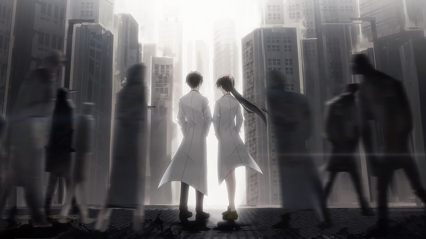 1boy, 1girl, absurdres, ayin_(project_moon), black_hair, black_pants, blurry, blurry_foreground