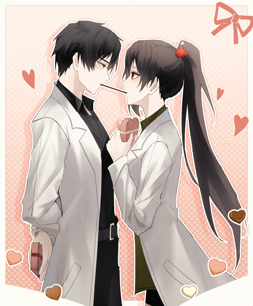 1boy, 1girl, absurdres, arms_behind_back, ayin_(project_moon), bear_hair_ornament, belt, black_hair