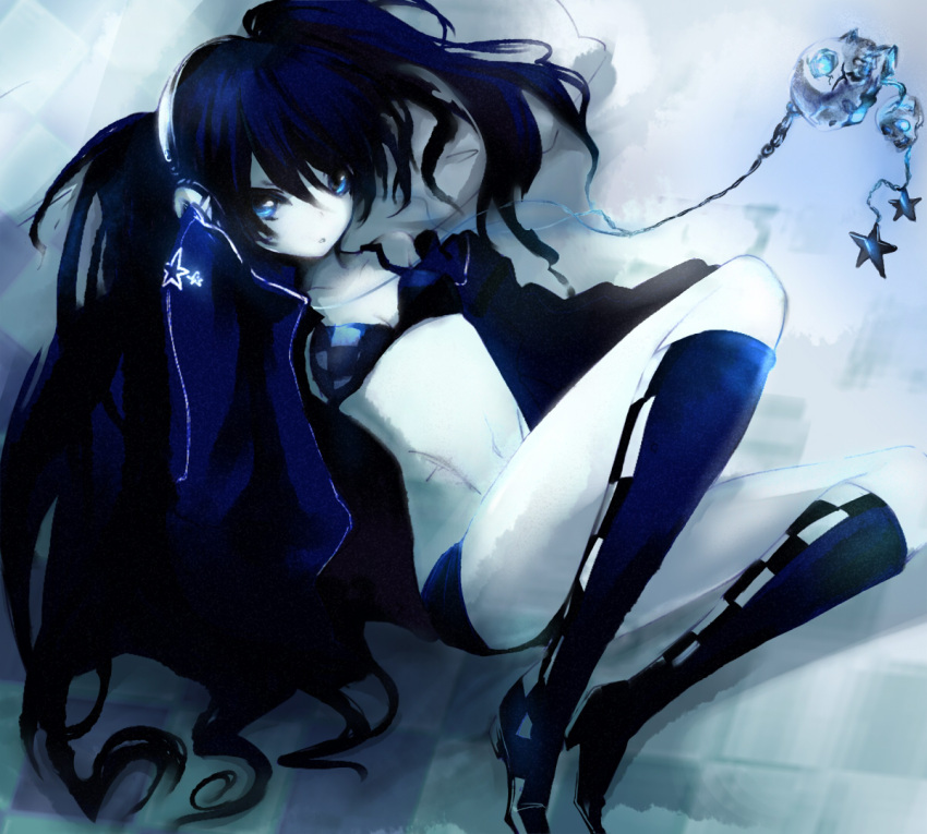 bikini_top, black_hair, black_rock_shooter, black_rock_shooter_(character), blue_eyes, boots, headphones, jewelry