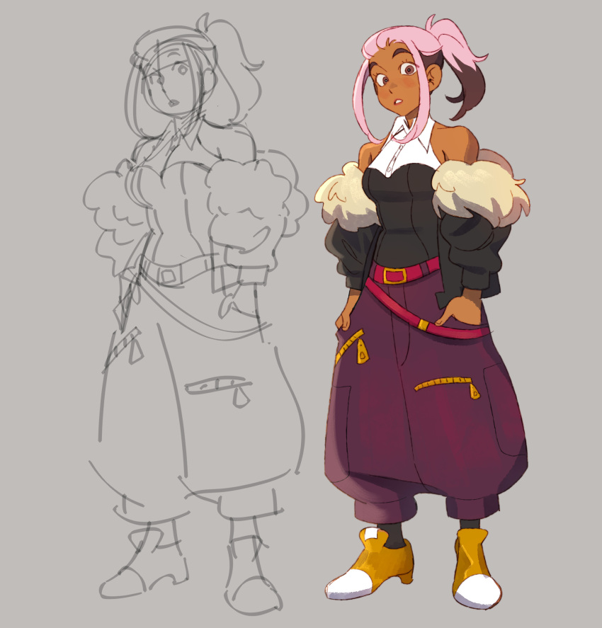 1girl, baggy_pants, belt, breasts, collared_shirt, dark-skinned_female, dark_skin, drawfee