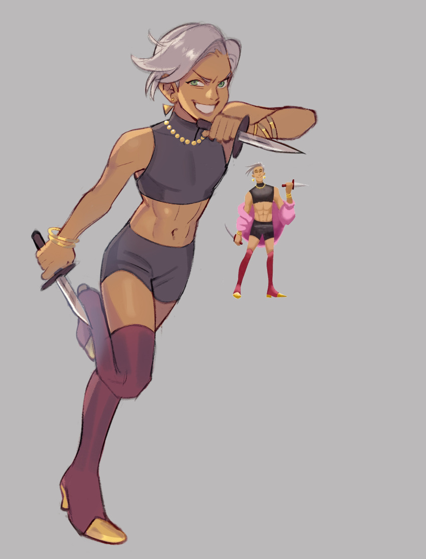 1other, abs, androgynous, boots, bracelet, crop_top, dagger, dark_skin