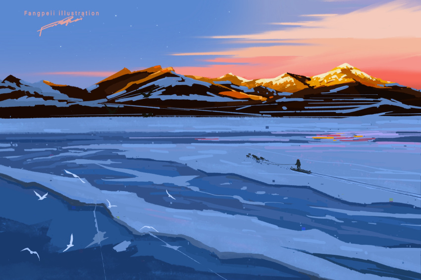 1other, ambiguous_gender, artist_name, commentary, dog, dog_sled, english_commentary, evening