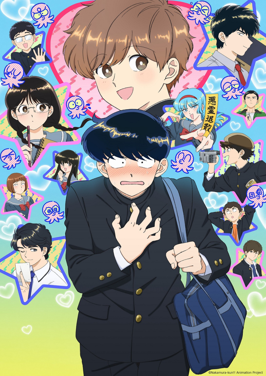 4girls, 6+boys, arms_behind_head, bag, black_hair, black_pants, blue_background, blue_hair