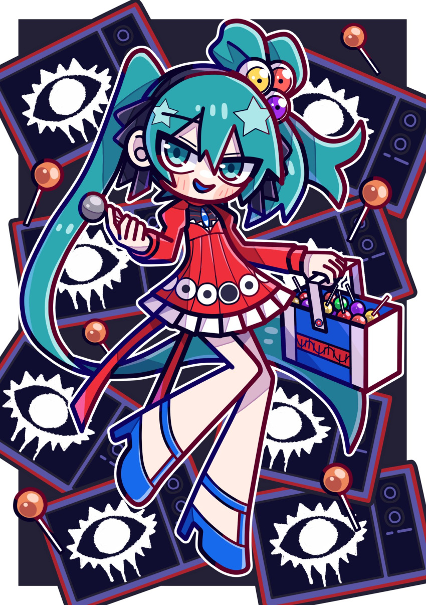 1girl, akina_mochi, ankle_strap, aqua_eyes, aqua_hair, basket, black_background, black_hairband