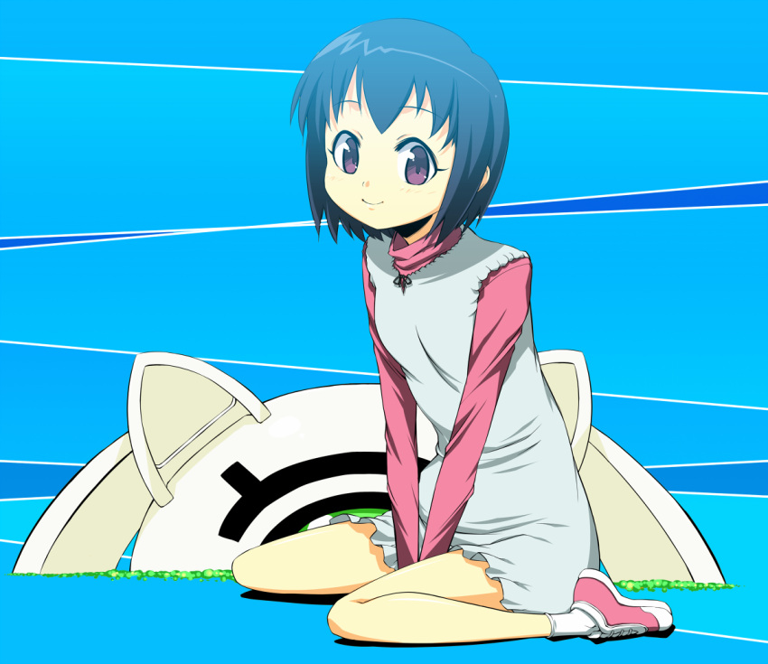 dress, kamisama_dolls, kuga_utao, kukuri_(kamisama_dolls), onija_tarou, purple_eyes, short_hair, sitting, smile, violet_eyes, wariza