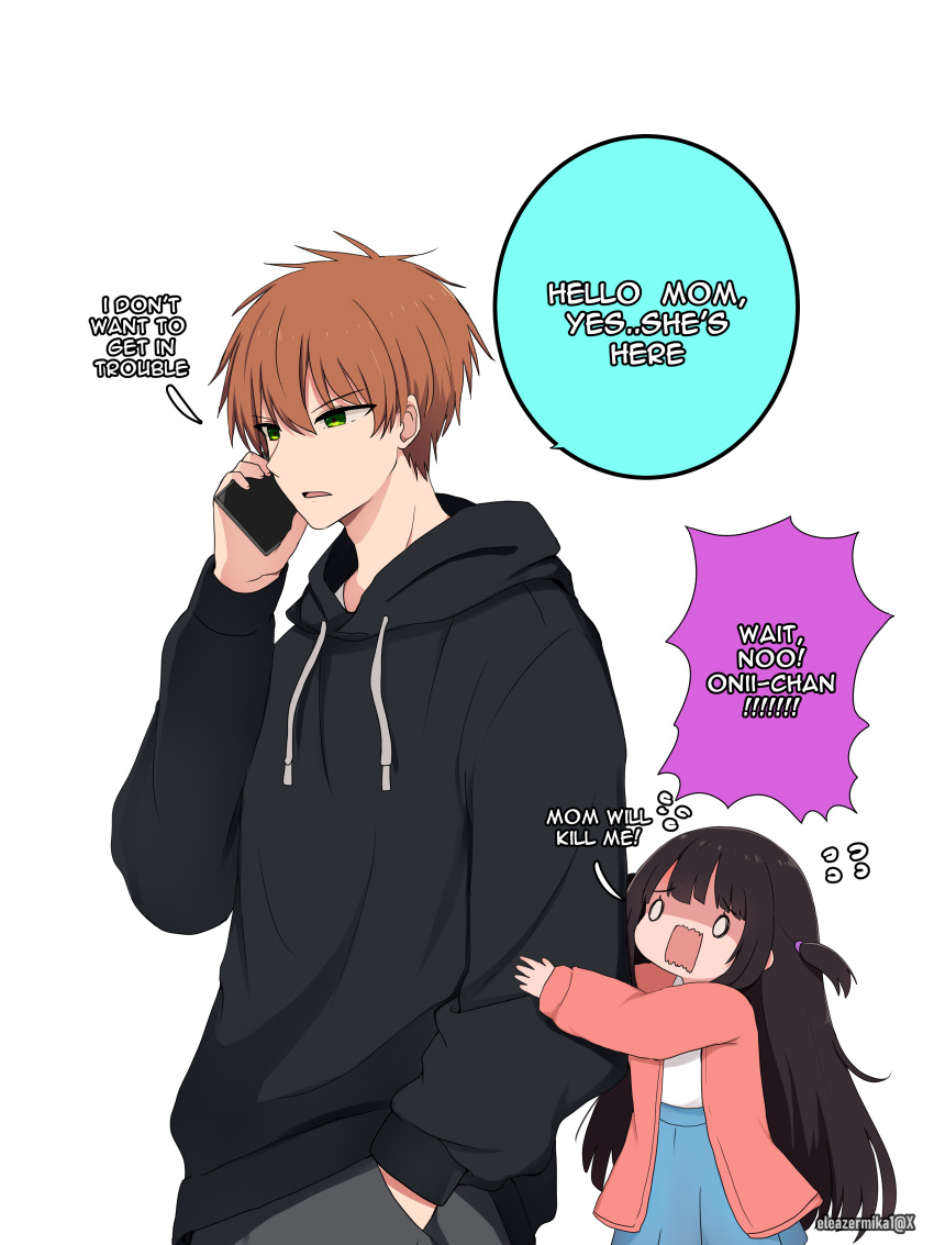 0_0, 1boy, 1girl, absurdres, black_hair, black_hoodie, blue_skirt, brother_and_sister