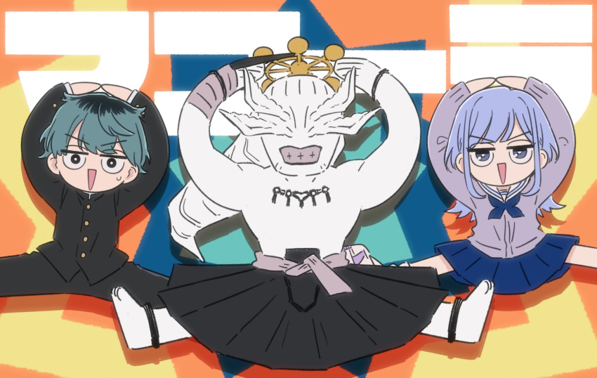 1boy, 1girl, 1other, :d, absurdres, aqua_hair, arms_up, black_hair