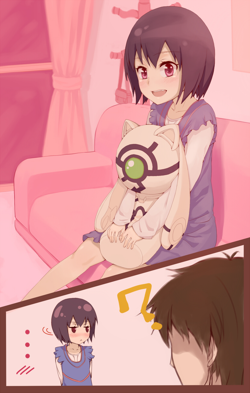 :<, ?, bad_id, black_hair, blush, brown_hair, highres, kamisama_dolls, kuga_kyouhei, kuga_utao, kukuri_(kamisama_dolls), looking_away, one-eyed, red_eyes, short_hair, siblings, single_eye, yurin