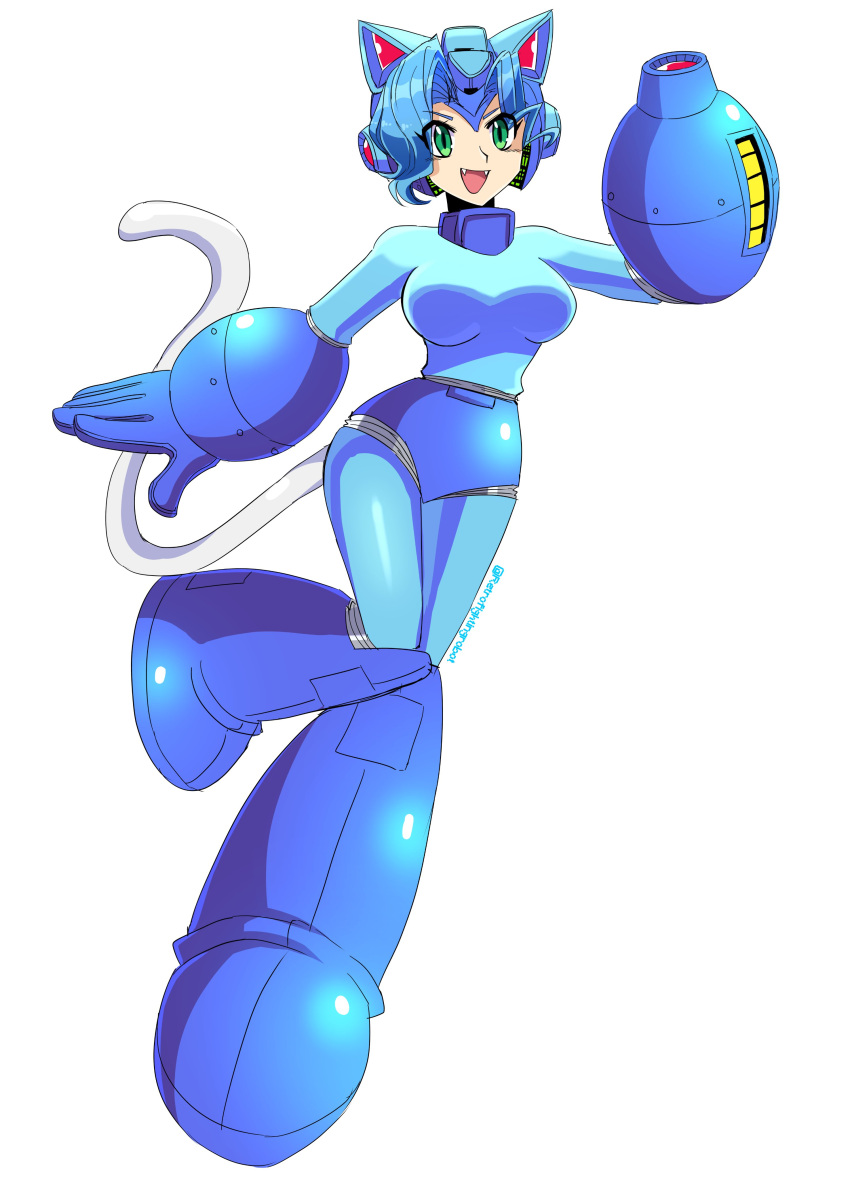 1girl, absurdres, animal_ears, arm_cannon, arm_up, armor, armored_boots, bikini_armor, blue_armor, blue_bodysuit, blue_boots, blue_gloves, blue_gorget, blue_hair, bodysuit, boots, breasts, cat_ears, cat_girl, cat_tail, commentary, cosplay, darkstalkers, earphones, english_commentary, fake_animal_ears, fangs, fangs_out, felicia_(darkstalkers), gloves, gorget, green_eyes, grey_fur, helmet, highres, joints, knee_boots, knee_pads, large_breasts, leg_up, mechanical_boots, mega_man_(classic), mega_man_(series), retro_fighting_robot, robot_joints, shade, short_hair, signature, silhouette, simple_background, smile, tail, teeth, upper_teeth_only, weapon, white_background, white_fur