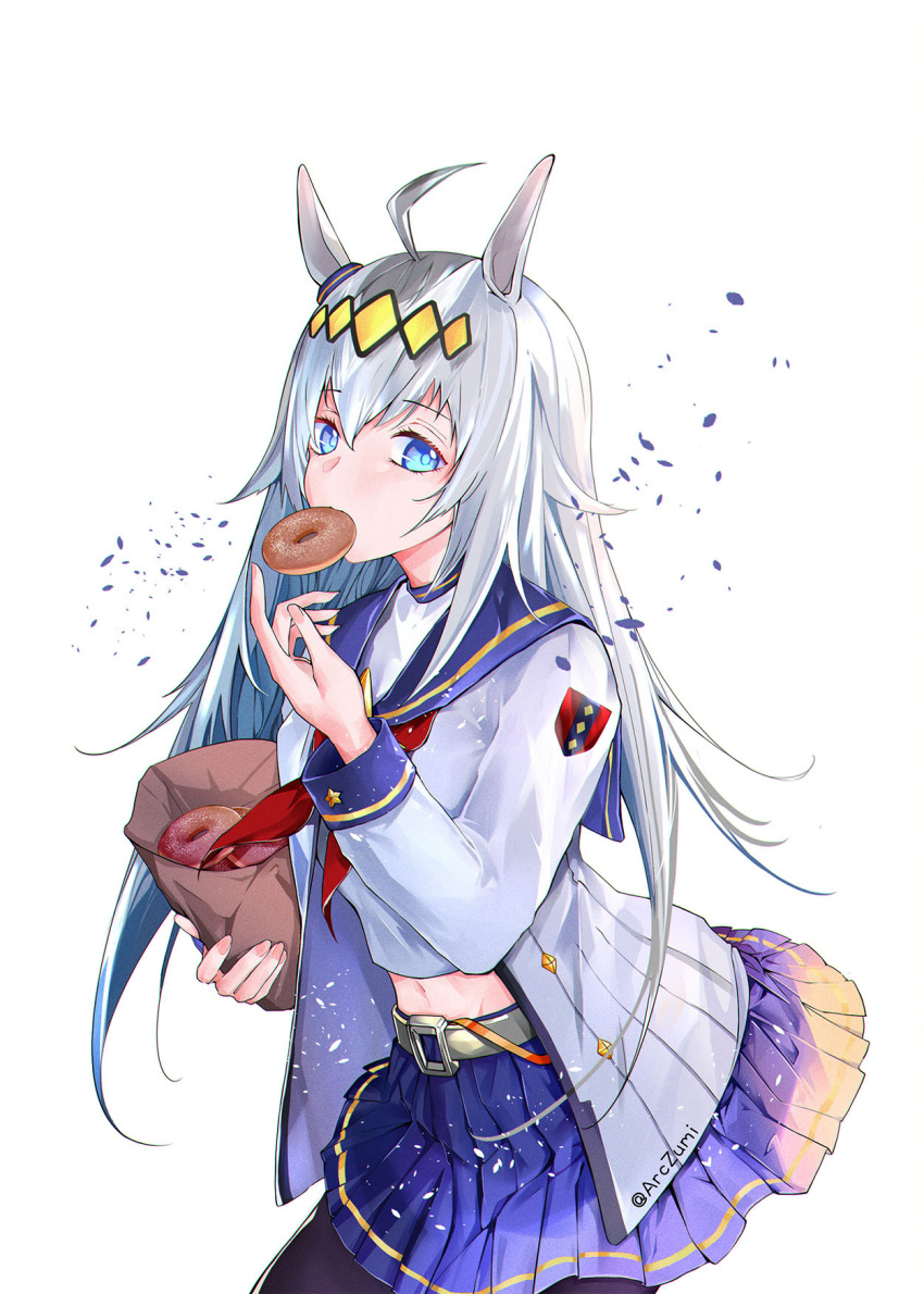 1girl, ahoge, animal_ears, arczumi, bag, black_pantyhose, blue_eyes, blue_sailor_collar, blue_skirt, blush, breasts, brooch, commentary_request, doughnut, ear_ornament, eating, food, food_in_mouth, glutton, grey_hair, hair_between_eyes, hair_ornament, hairband, highres, holding, holding_bag, holding_donut, holding_food, horse_ears, horse_girl, jacket, jewelry, long_hair, long_sleeves, looking_at_viewer, midriff, missing_tail, multicolored_hair, navel, neckerchief, oguri_cap_(starlight_beat)_(umamusume), oguri_cap_(umamusume), pantyhose, pleated_skirt, red_neckerchief, sailor_collar, shirt, skirt, solo, star_brooch, umamusume, white_jacket, white_shirt